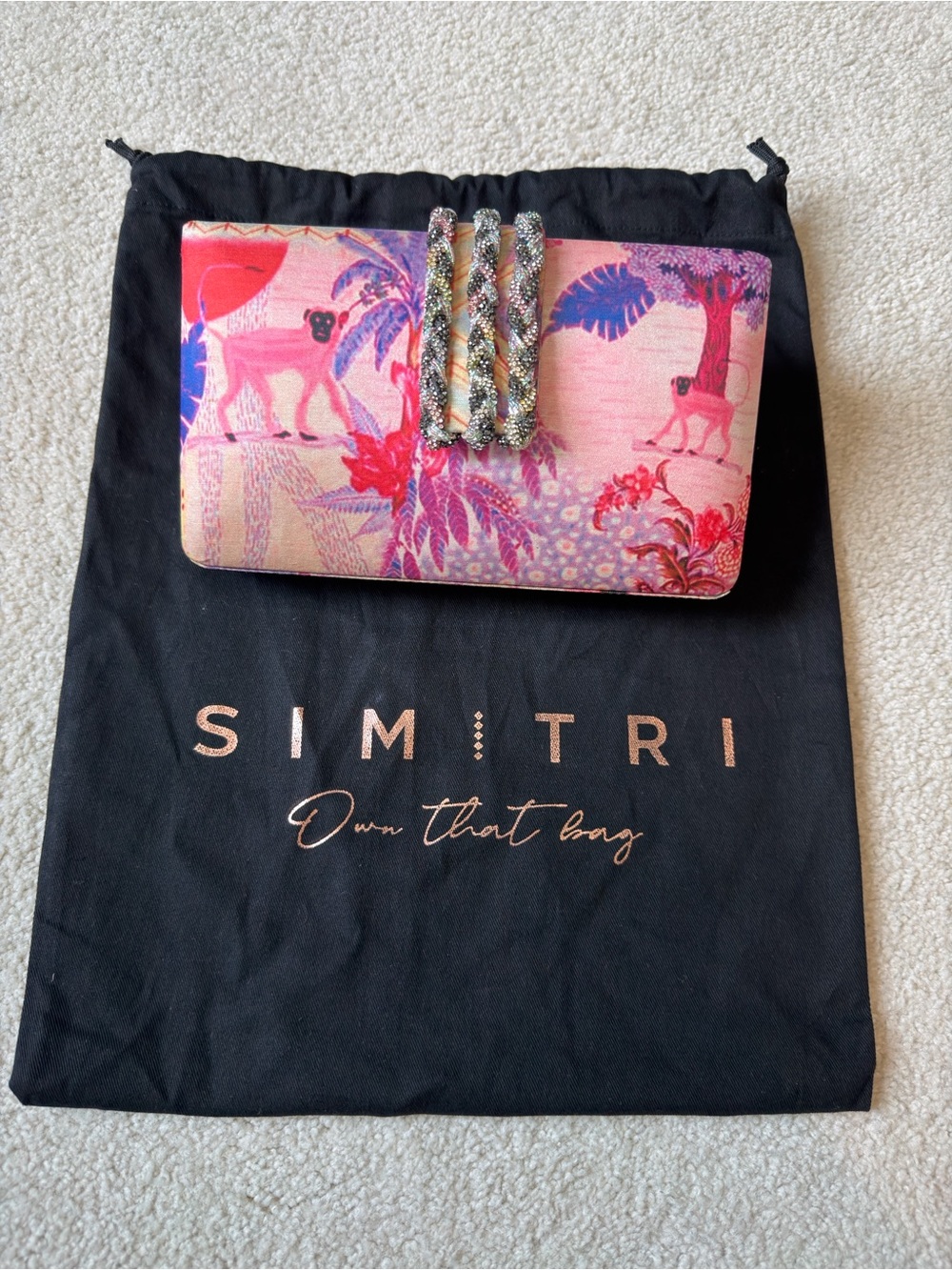 Simitri Pink Faerie Clutch, Pink jungle theme, silver chain